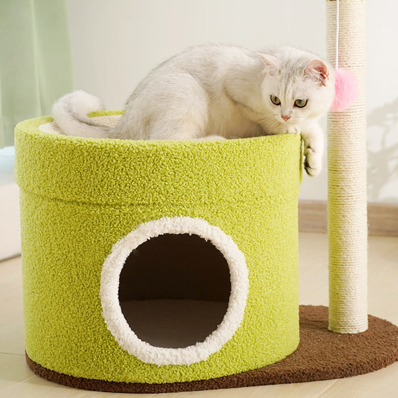 Contemporary Creative Round Medium-Density Fiberboard Paper Tube Velvet Fabric Hemp Rope Cat Tree 2-Tier For Living Room Cuvalon