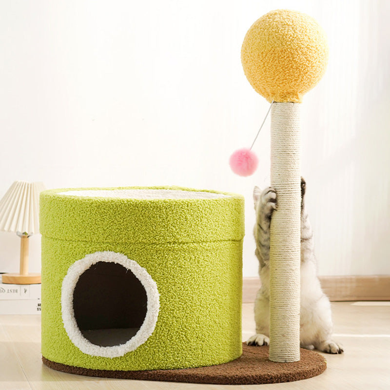 Contemporary Creative Round Medium-Density Fiberboard Paper Tube Velvet Fabric Hemp Rope Cat Tree 2-Tier For Living Room Cuvalon