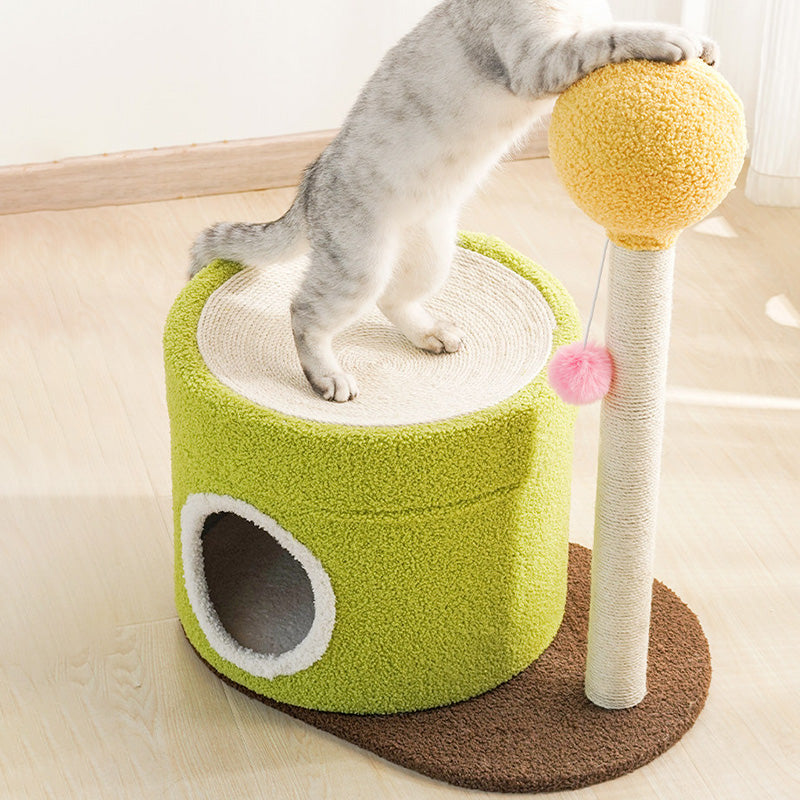 Contemporary Creative Round Medium-Density Fiberboard Paper Tube Velvet Fabric Hemp Rope Cat Tree 2-Tier For Living Room Cuvalon