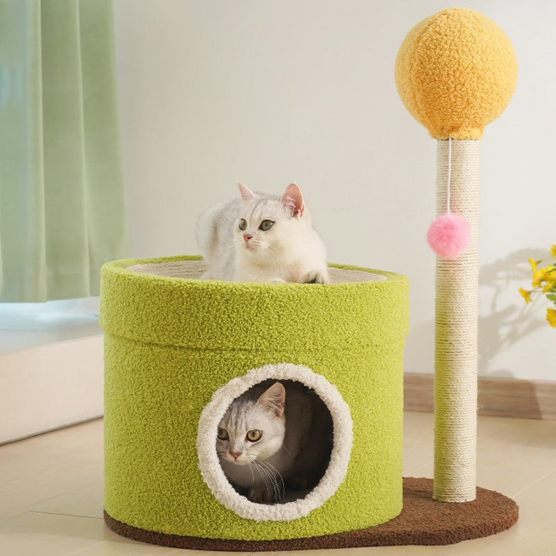 Contemporary Creative Round Medium-Density Fiberboard Paper Tube Velvet Fabric Hemp Rope Cat Tree 2-Tier For Living Room Cuvalon