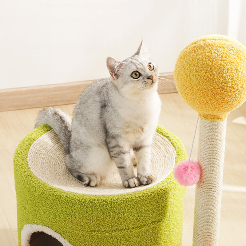 Contemporary Creative Round Medium-Density Fiberboard Paper Tube Velvet Fabric Hemp Rope Cat Tree 2-Tier For Living Room Cuvalon