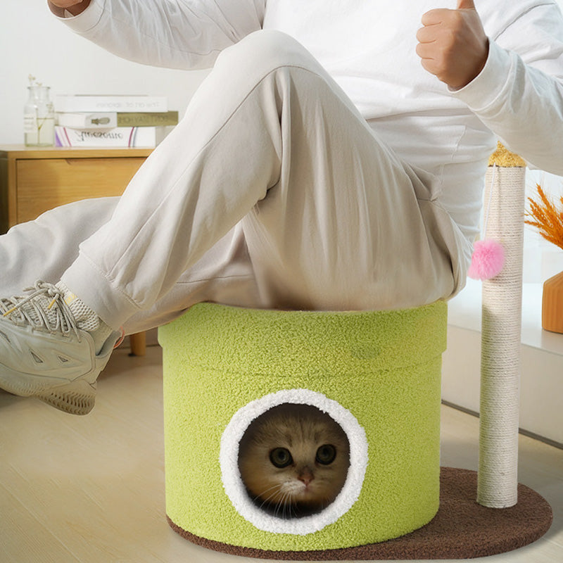 Contemporary Creative Round Medium-Density Fiberboard Paper Tube Velvet Fabric Hemp Rope Cat Tree 2-Tier For Living Room Cuvalon