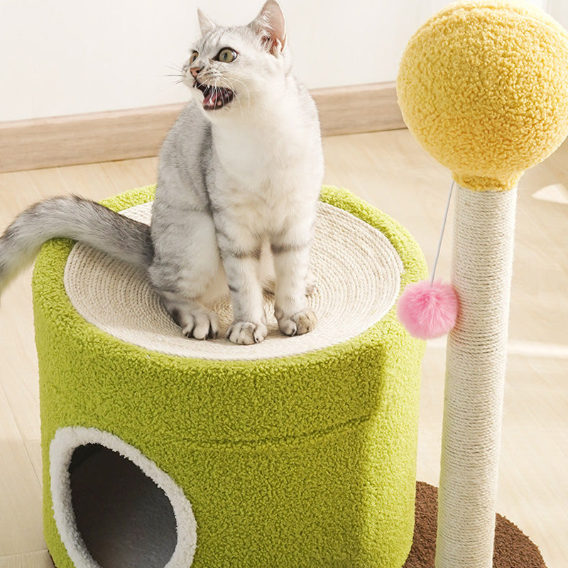 Contemporary Creative Round Medium-Density Fiberboard Paper Tube Velvet Fabric Hemp Rope Cat Tree 2-Tier For Living Room Cuvalon