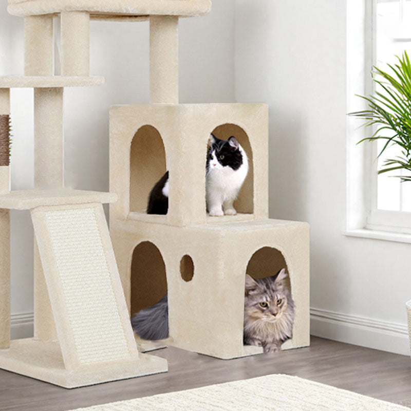Contemporary Scandinavian Square Particleboard Velvet Fabric Hemp Rope Cat Tree 4-Tier For Living Room Cuvalon