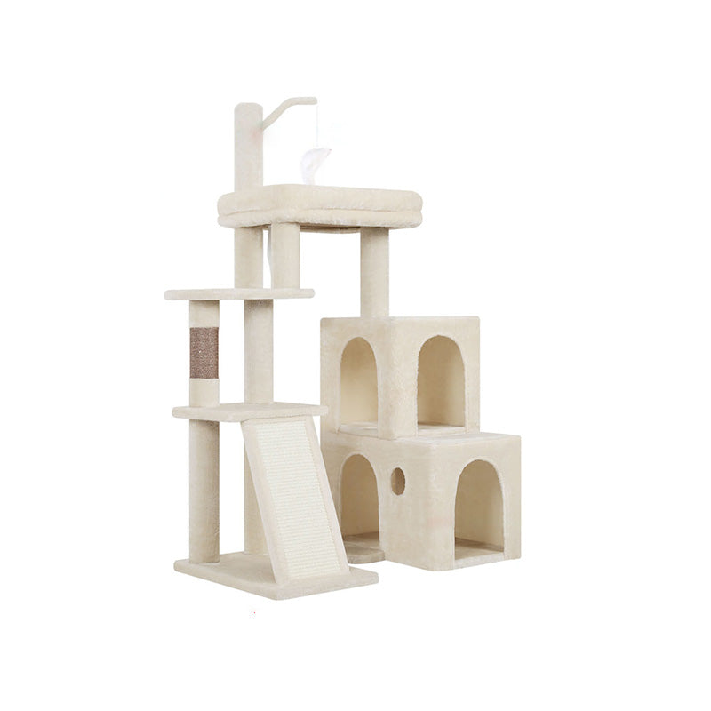 Contemporary Scandinavian Square Particleboard Velvet Fabric Hemp Rope Cat Tree 4-Tier For Living Room Cuvalon