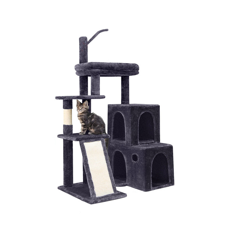 Contemporary Scandinavian Square Particleboard Velvet Fabric Hemp Rope Cat Tree 4-Tier For Living Room Cuvalon