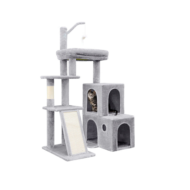 Contemporary Scandinavian Square Particleboard Velvet Fabric Hemp Rope Cat Tree 4-Tier For Living Room Cuvalon