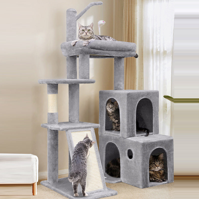 Contemporary Scandinavian Square Particleboard Velvet Fabric Hemp Rope Cat Tree 4-Tier For Living Room Cuvalon