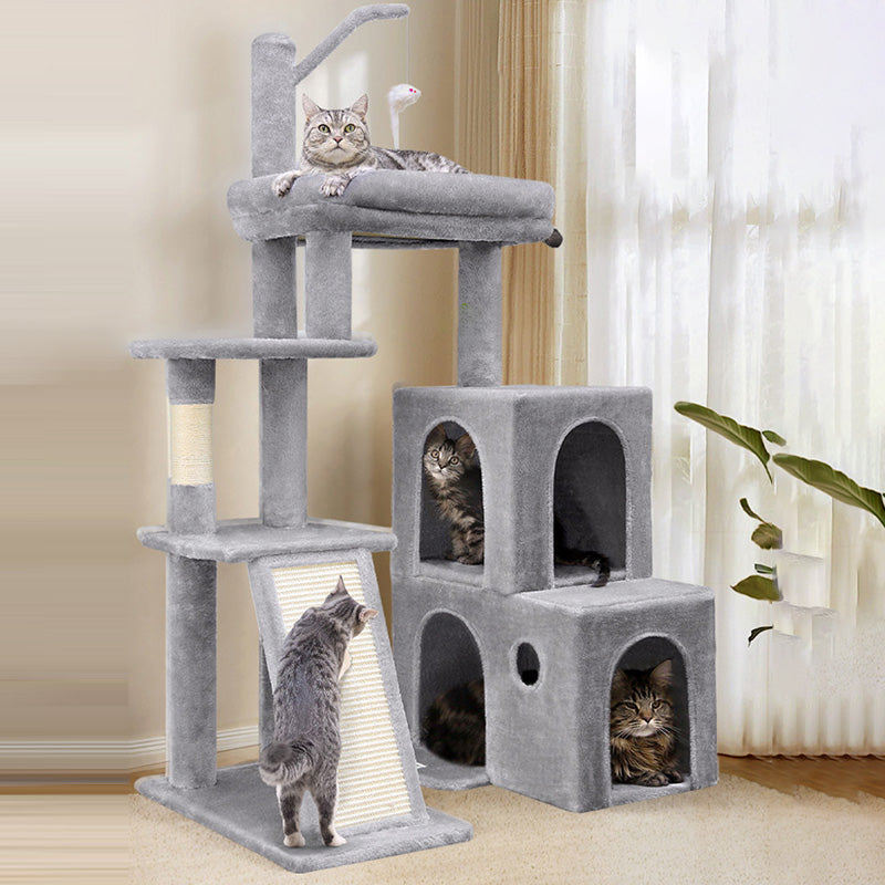 Contemporary Scandinavian Square Particleboard Velvet Fabric Hemp Rope Cat Tree 4-Tier For Living Room Cuvalon