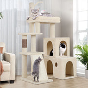 Contemporary Scandinavian Square Particleboard Velvet Fabric Hemp Rope Cat Tree 4-Tier For Living Room Cuvalon