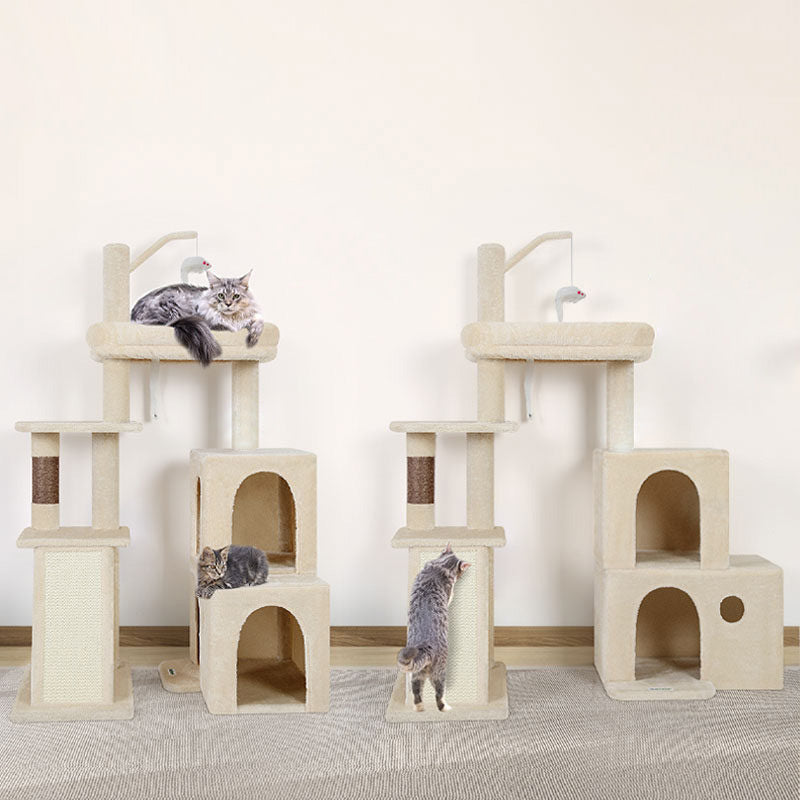 Contemporary Scandinavian Square Particleboard Velvet Fabric Hemp Rope Cat Tree 4-Tier For Living Room Cuvalon