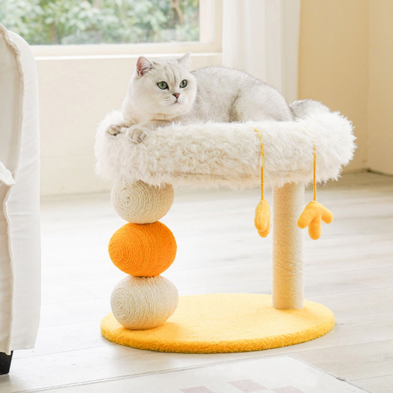 Contemporary Creative Round Particleboard Velvet Fabric Hemp Rope Cat Tree 2-Tier For Living Room Cuvalon