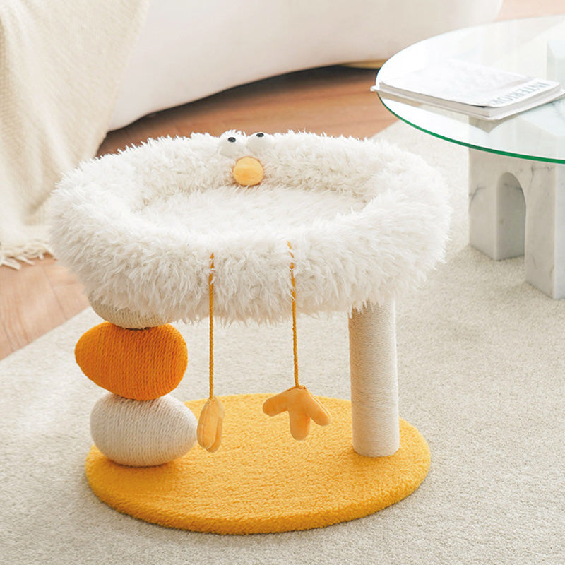 Contemporary Creative Round Particleboard Velvet Fabric Hemp Rope Cat Tree 2-Tier For Living Room Cuvalon