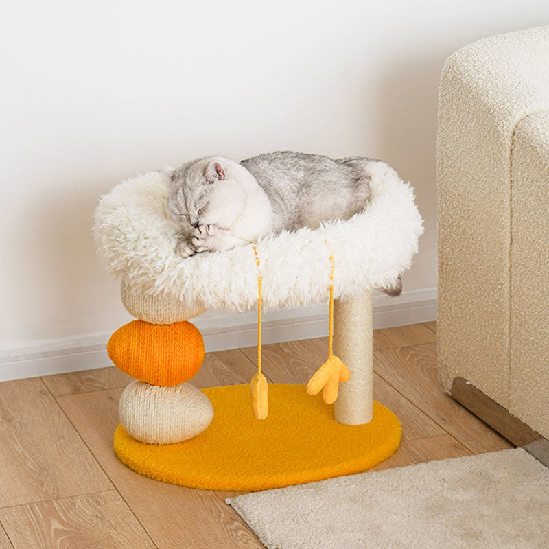Contemporary Creative Round Particleboard Velvet Fabric Hemp Rope Cat Tree 2-Tier For Living Room Cuvalon