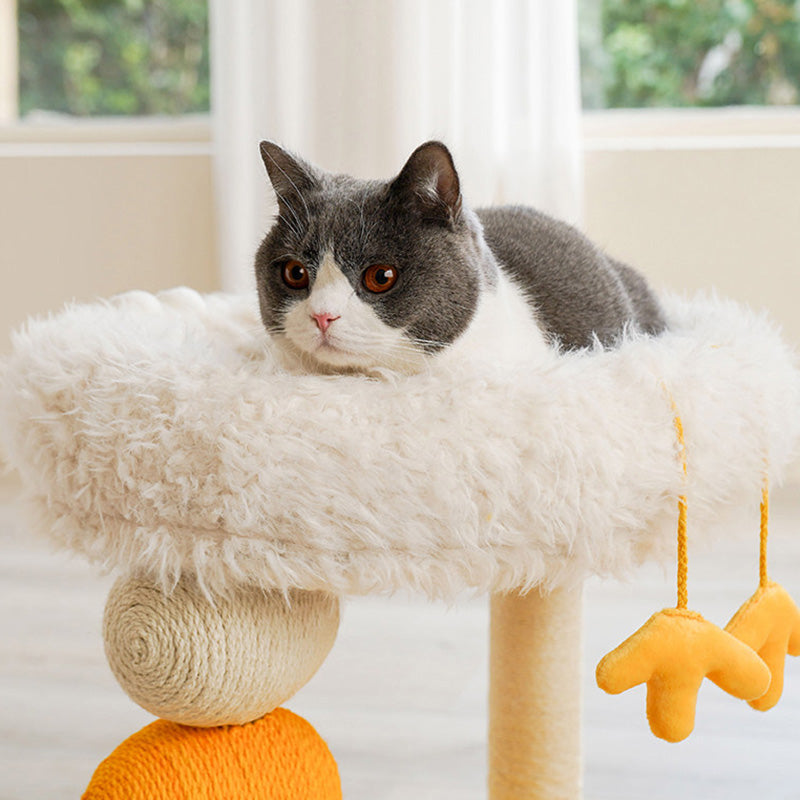 Contemporary Creative Round Particleboard Velvet Fabric Hemp Rope Cat Tree 2-Tier For Living Room Cuvalon