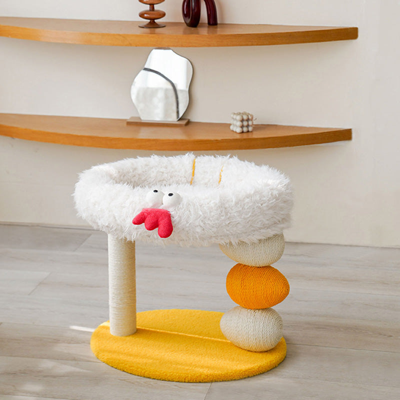 Contemporary Creative Round Particleboard Velvet Fabric Hemp Rope Cat Tree 2-Tier For Living Room Cuvalon
