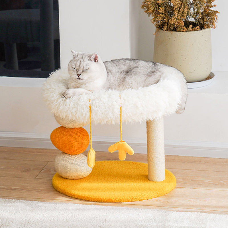 Contemporary Creative Round Particleboard Velvet Fabric Hemp Rope Cat Tree 2-Tier For Living Room Cuvalon