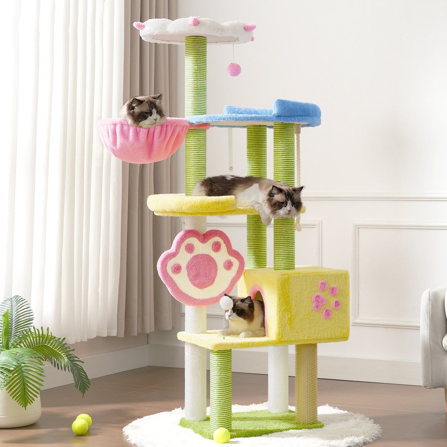 Contemporary Creative Rectangular Particleboard Velvet Fabric Sisal Multi-Functional Cat Tree For Living Room Cuvalon