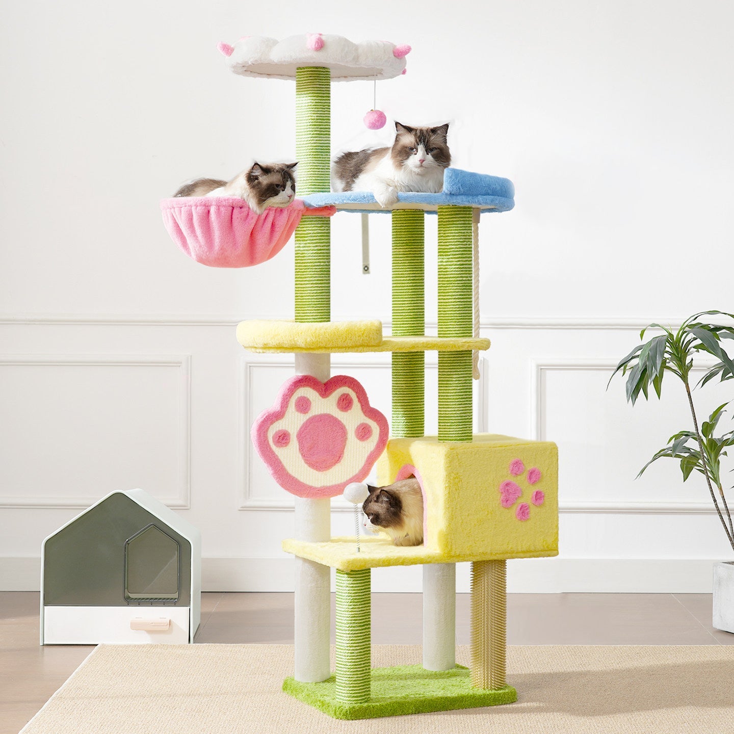 Contemporary Creative Rectangular Particleboard Velvet Fabric Sisal Multi-Functional Cat Tree For Living Room Cuvalon