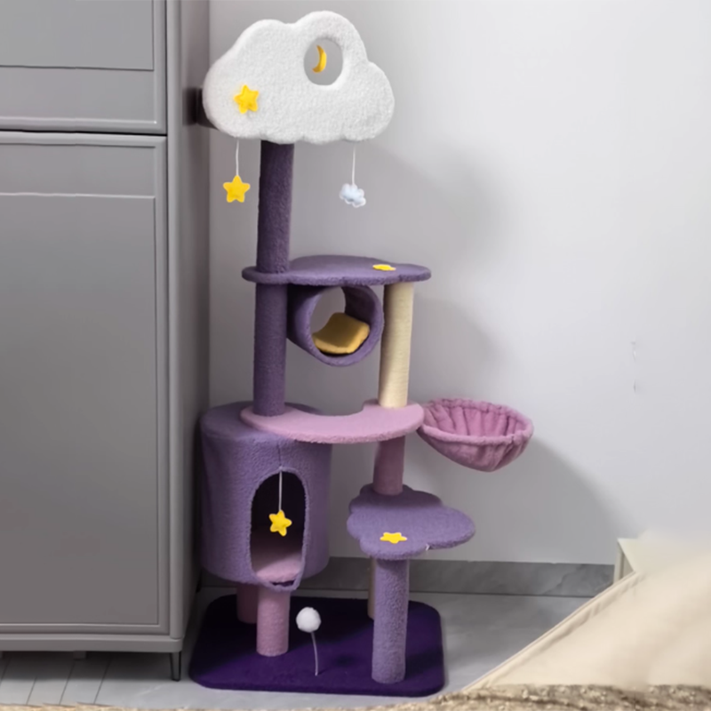 Contemporary Creative Round Particleboard Velvet Fabric Sisal Multi-Functional Star-Moon Cat Tree For Living Room Cuvalon