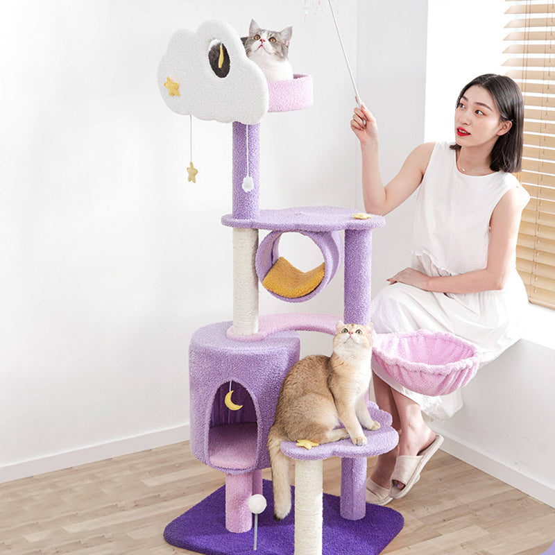 Contemporary Creative Round Particleboard Velvet Fabric Sisal Multi-Functional Star-Moon Cat Tree For Living Room Cuvalon