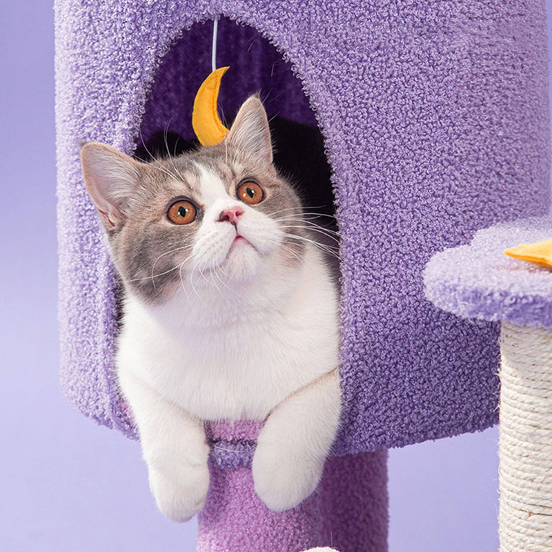 Contemporary Creative Round Particleboard Velvet Fabric Sisal Multi-Functional Star-Moon Cat Tree For Living Room Cuvalon