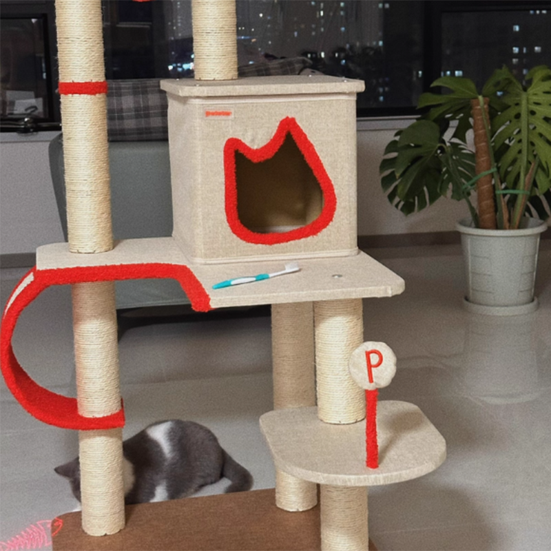 Contemporary Creative Square Particleboard Velvet Fabric Sisal Multi-Functional Cat Tree For Living Room Cuvalon