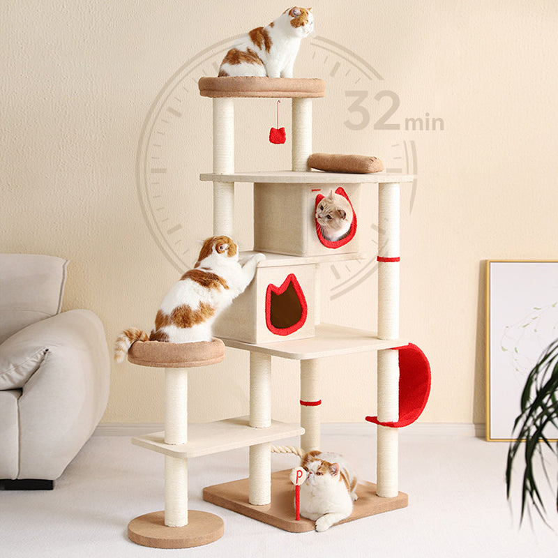 Contemporary Creative Square Particleboard Velvet Fabric Sisal Multi-Functional Cat Tree For Living Room Cuvalon