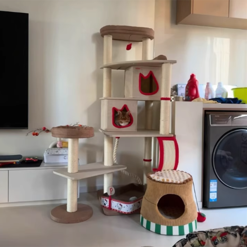 Contemporary Creative Square Particleboard Velvet Fabric Sisal Multi-Functional Cat Tree For Living Room Cuvalon