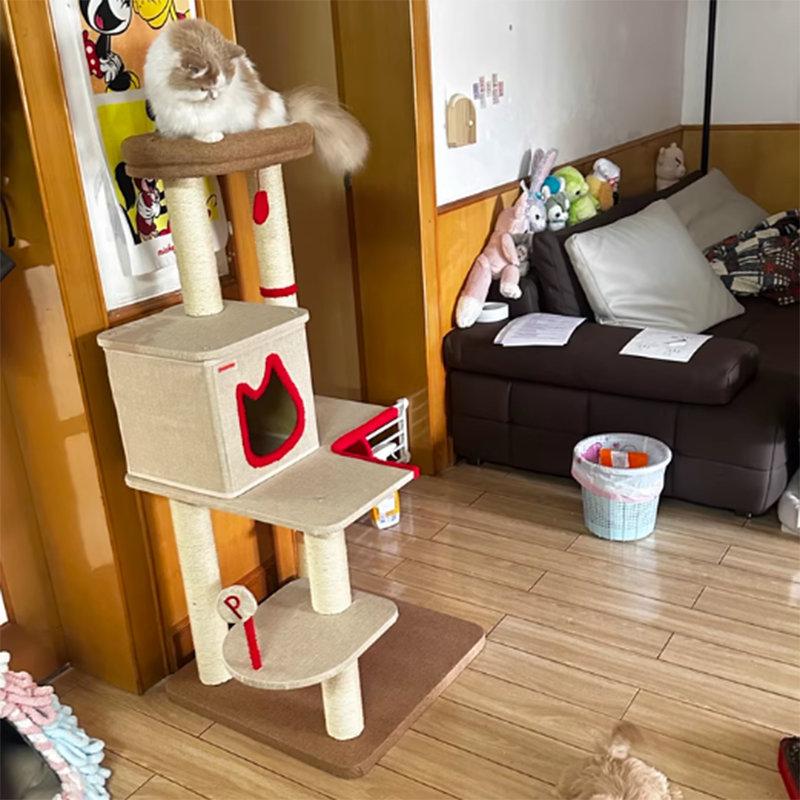 Contemporary Creative Square Particleboard Velvet Fabric Sisal Multi-Functional Cat Tree For Living Room Cuvalon