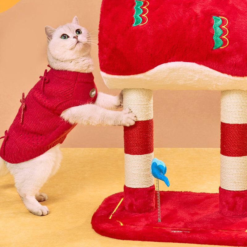 Contemporary Creative Round Particleboard Velvet Fabric Hemp Rope Paper Tube Chinese-Style Cat Tree For Living Room Cuvalon