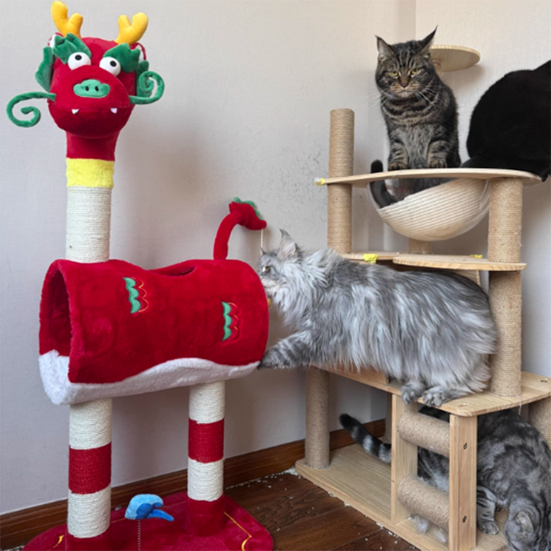 Contemporary Creative Round Particleboard Velvet Fabric Hemp Rope Paper Tube Chinese-Style Cat Tree For Living Room Cuvalon