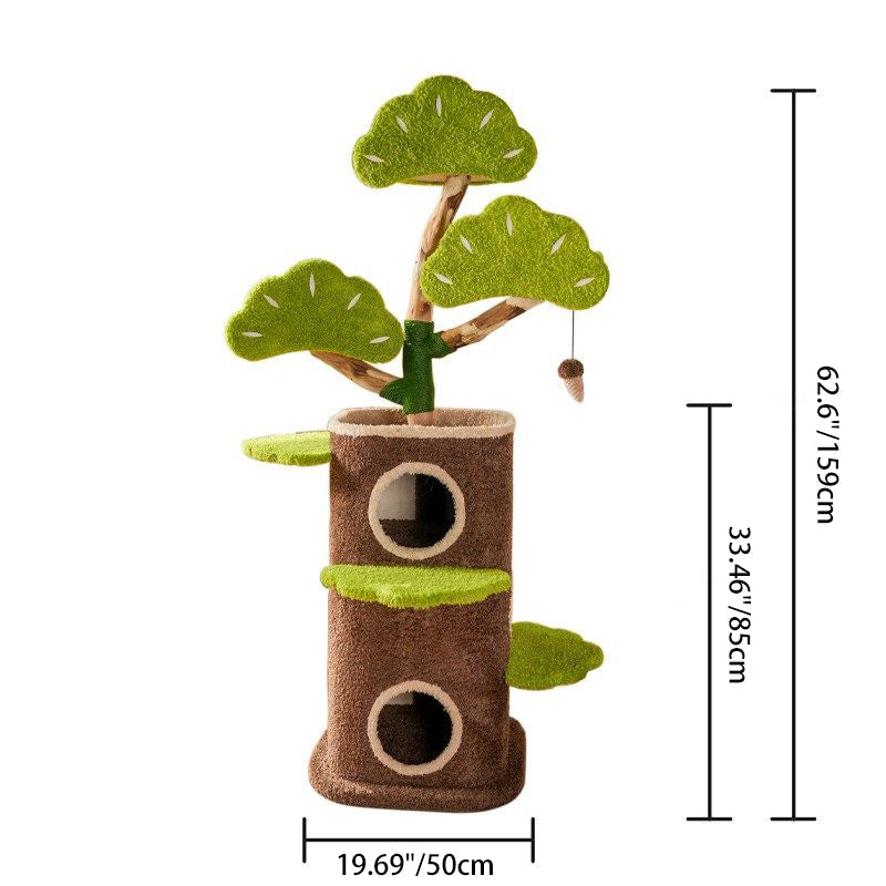 Contemporary Creative Round Particleboard Natural Fruitwood Velvet Fabric Hemp Rope Treehouse Cat Tree For Living Room Cuvalon