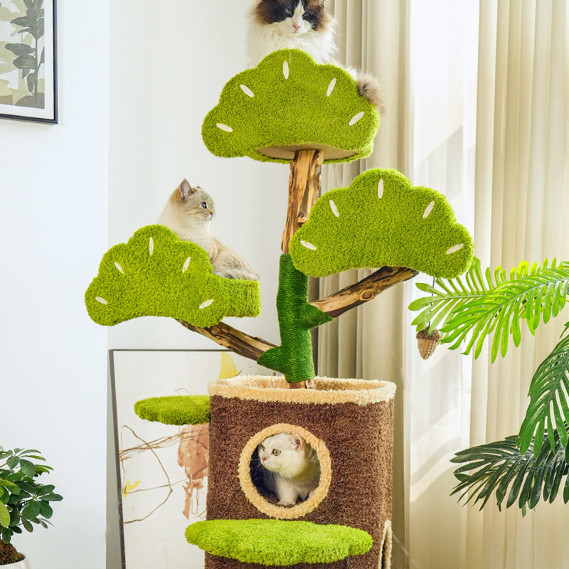Contemporary Creative Round Particleboard Natural Fruitwood Velvet Fabric Hemp Rope Treehouse Cat Tree For Living Room Cuvalon