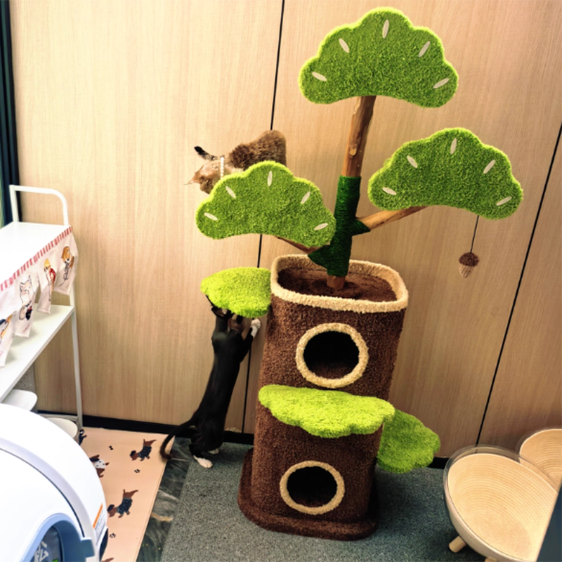 Contemporary Creative Round Particleboard Natural Fruitwood Velvet Fabric Hemp Rope Treehouse Cat Tree For Living Room Cuvalon