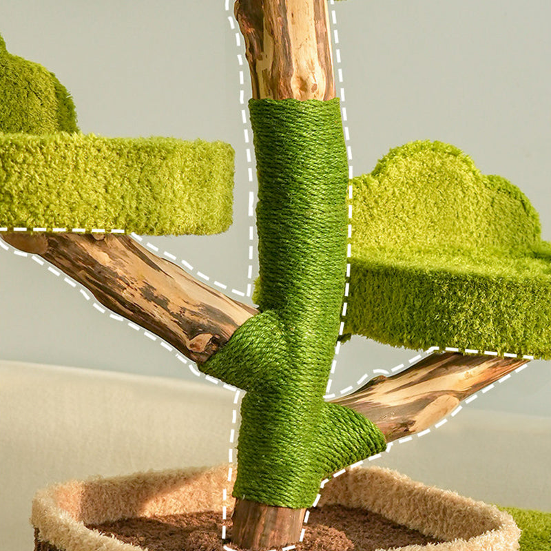 Contemporary Creative Round Particleboard Natural Fruitwood Velvet Fabric Hemp Rope Treehouse Cat Tree For Living Room Cuvalon
