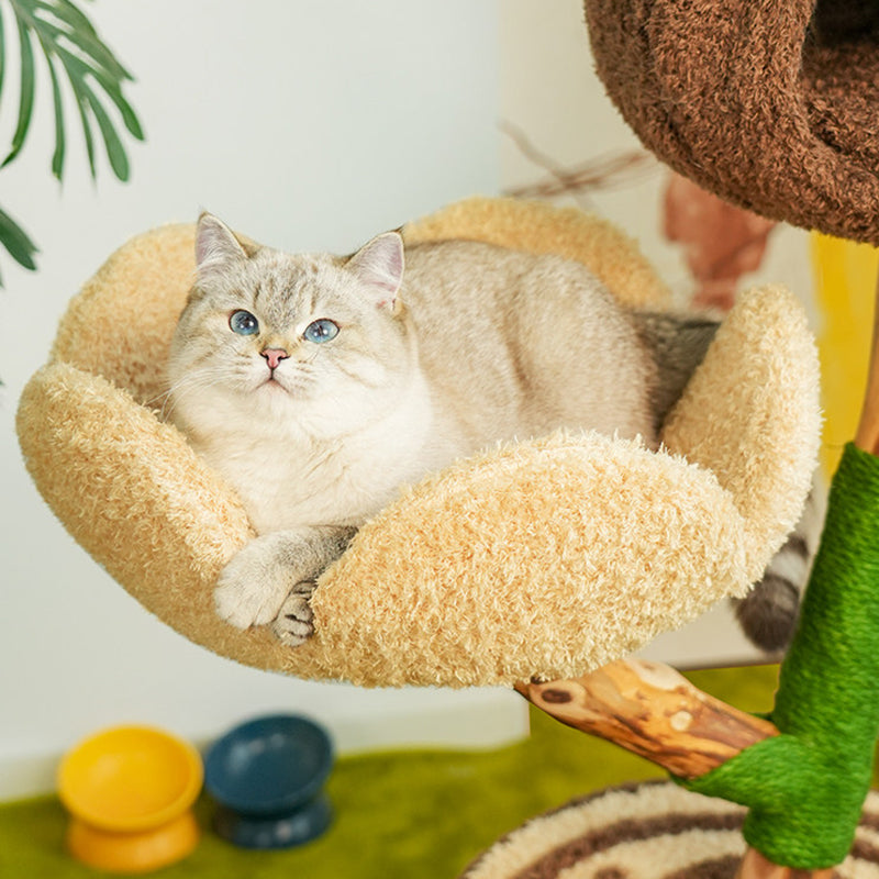 Contemporary Creative Round Particleboard Natural Fruitwood Velvet Fabric Hemp Rope Treehouse Cat Tree For Living Room Cuvalon