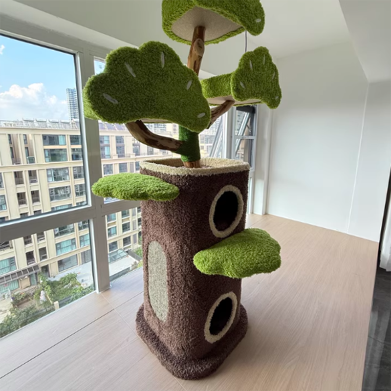 Contemporary Creative Round Particleboard Natural Fruitwood Velvet Fabric Hemp Rope Treehouse Cat Tree For Living Room Cuvalon