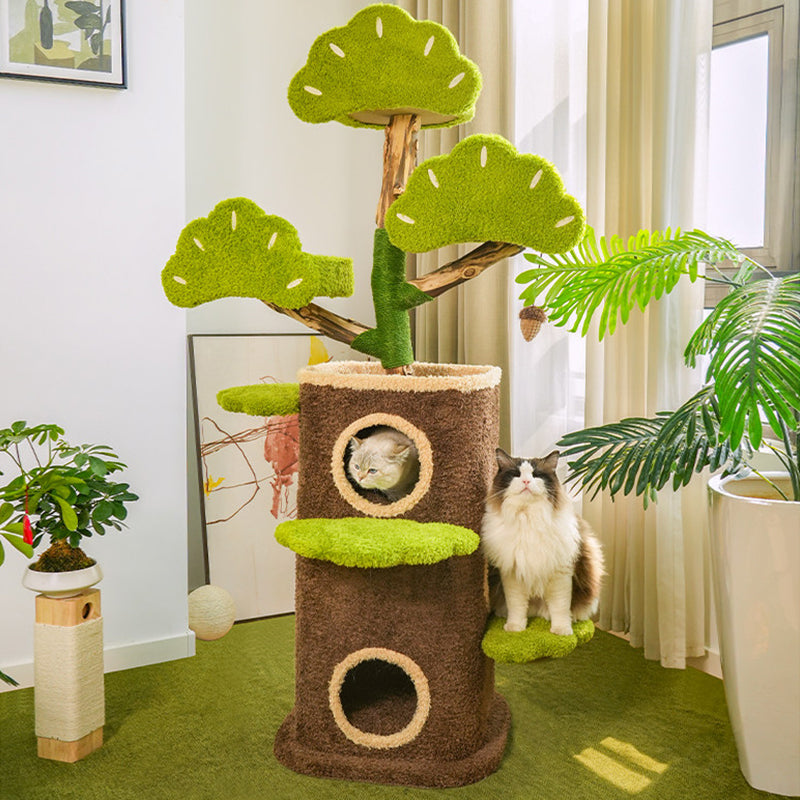 Contemporary Creative Round Particleboard Natural Fruitwood Velvet Fabric Hemp Rope Treehouse Cat Tree For Living Room Cuvalon