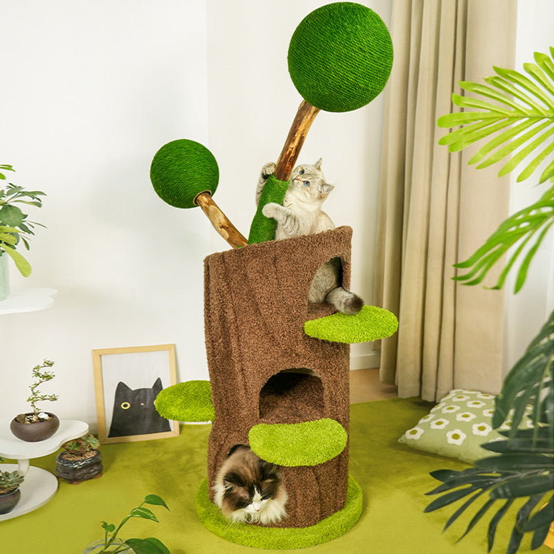 Contemporary Creative Round Particleboard Natural Fruitwood Velvet Fabric Hemp Rope Treehouse Cat Tree For Living Room Cuvalon