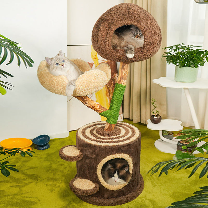 Contemporary Creative Round Particleboard Natural Fruitwood Velvet Fabric Hemp Rope Treehouse Cat Tree For Living Room Cuvalon