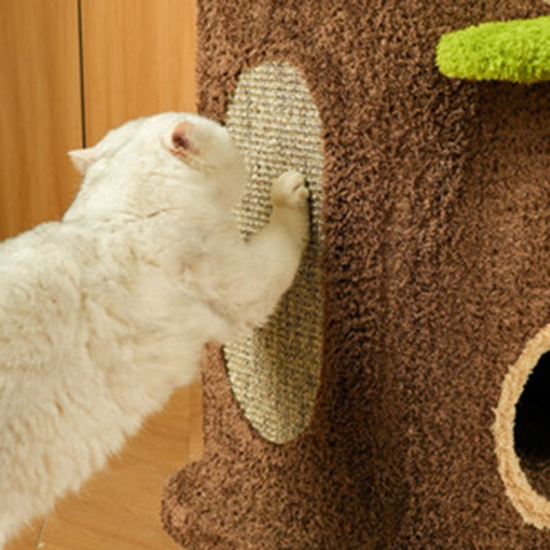 Contemporary Creative Round Particleboard Natural Fruitwood Velvet Fabric Hemp Rope Treehouse Cat Tree For Living Room Cuvalon