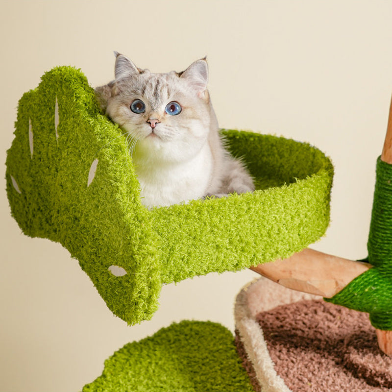 Contemporary Creative Round Particleboard Natural Fruitwood Velvet Fabric Hemp Rope Treehouse Cat Tree For Living Room Cuvalon
