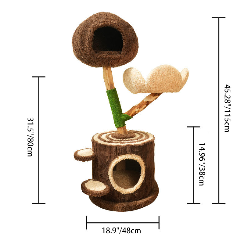 Contemporary Creative Round Particleboard Natural Fruitwood Velvet Fabric Hemp Rope Treehouse Cat Tree For Living Room Cuvalon
