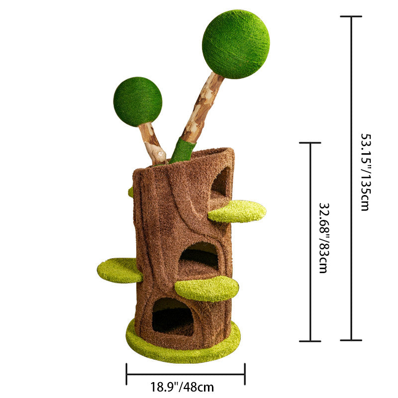 Contemporary Creative Round Particleboard Natural Fruitwood Velvet Fabric Hemp Rope Treehouse Cat Tree For Living Room Cuvalon