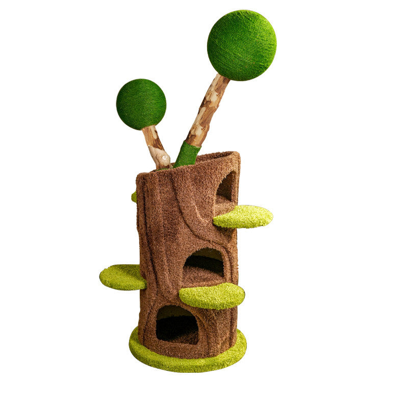 Contemporary Creative Round Particleboard Natural Fruitwood Velvet Fabric Hemp Rope Treehouse Cat Tree For Living Room Cuvalon