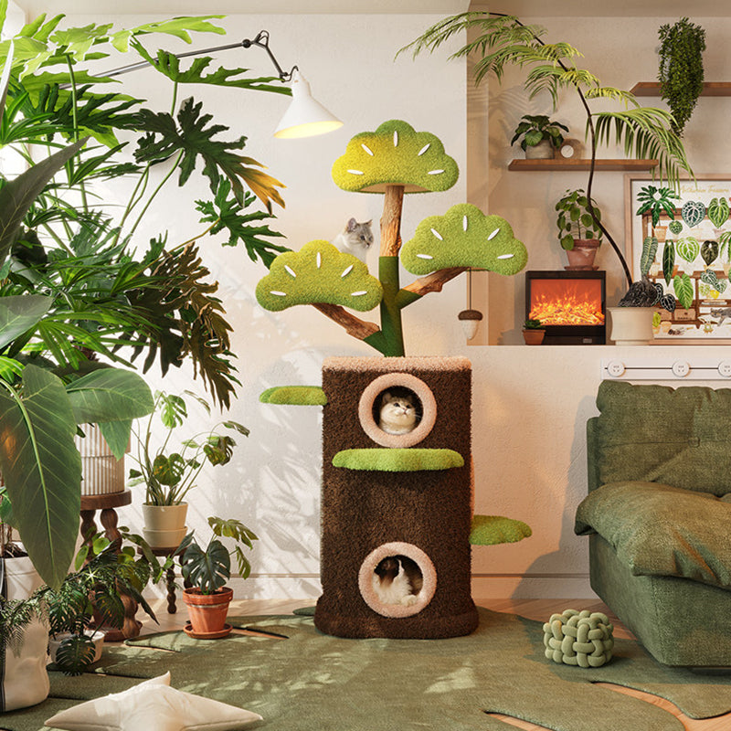 Contemporary Creative Round Particleboard Natural Fruitwood Velvet Fabric Hemp Rope Treehouse Cat Tree For Living Room Cuvalon