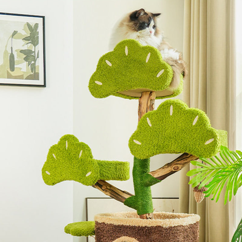 Contemporary Creative Round Particleboard Natural Fruitwood Velvet Fabric Hemp Rope Treehouse Cat Tree For Living Room Cuvalon