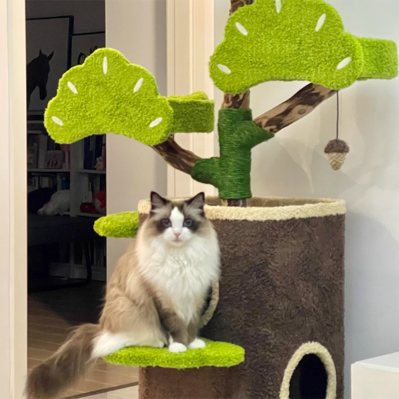Contemporary Creative Round Particleboard Natural Fruitwood Velvet Fabric Hemp Rope Treehouse Cat Tree For Living Room Cuvalon