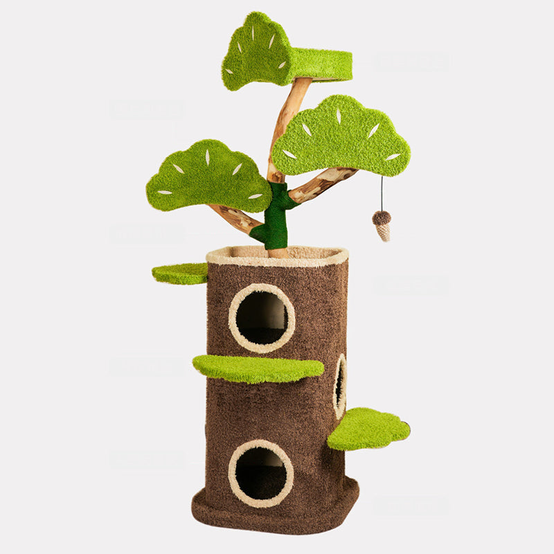 Contemporary Creative Round Particleboard Natural Fruitwood Velvet Fabric Hemp Rope Treehouse Cat Tree For Living Room Cuvalon